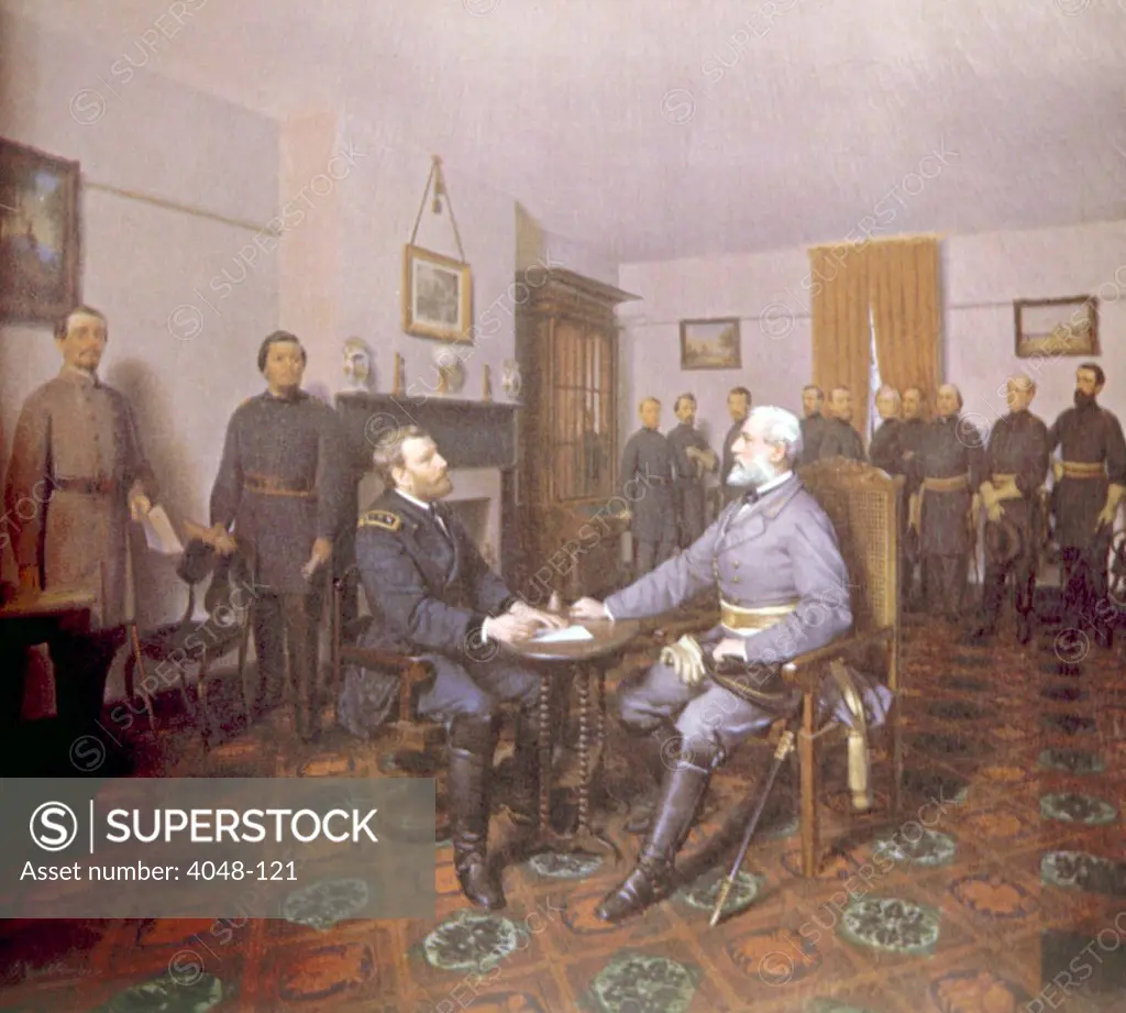 Confederate General Robert E. Lee surrendering to Union General Ulysses S. Grant at Appomattox Court House, Virginia, April 9, 1865