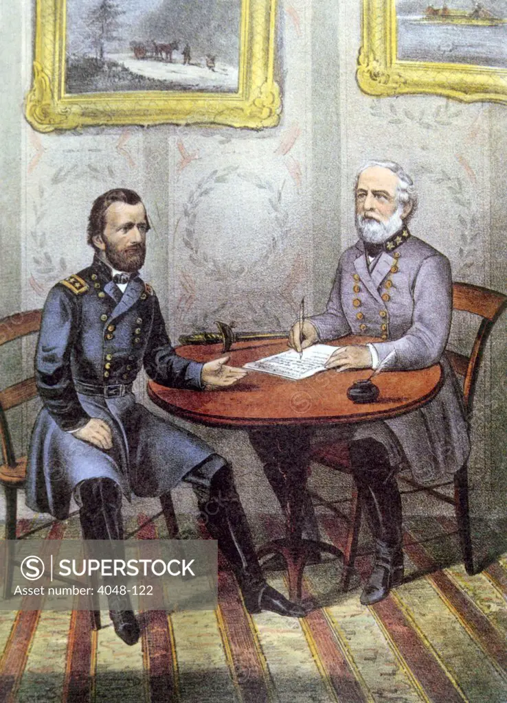 Confederate General Robert E. Lee surrenders to Union General Ulysses S. Grant at Appomattox Court House, Virginia, April 9, 1865, lithograph by Currier & Ives, 1865