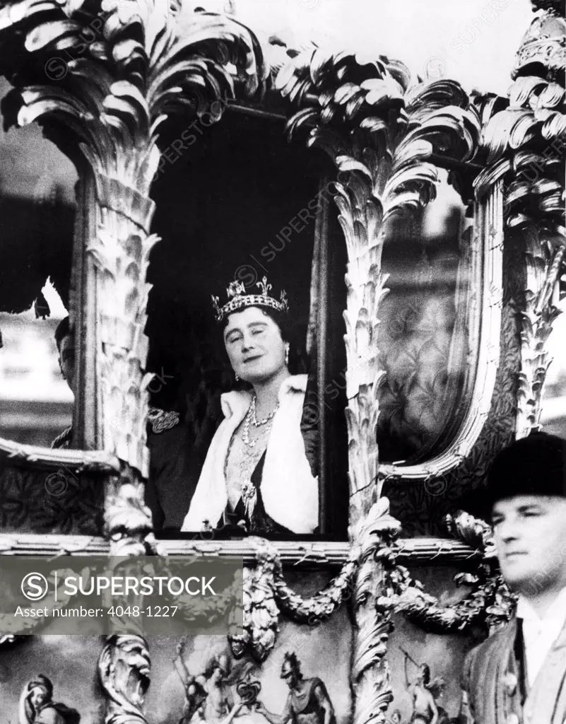 Queen Elizabeth I, a commoner, although of noble Scottish lineage, ride with King George to open the first state parliament of their reign. 11/2/37.