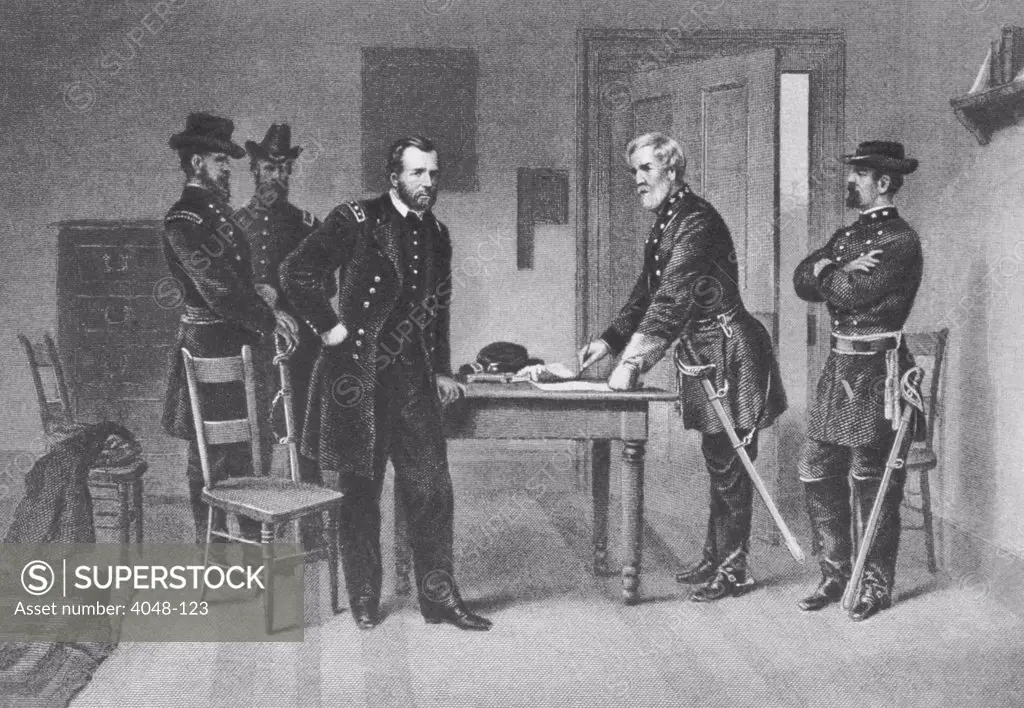Confederate General Robert E. Lee surrenders to Union General Ulysses S. Grant at Appomattox Court House, Virginia, April 9, 1865, from The New York Times