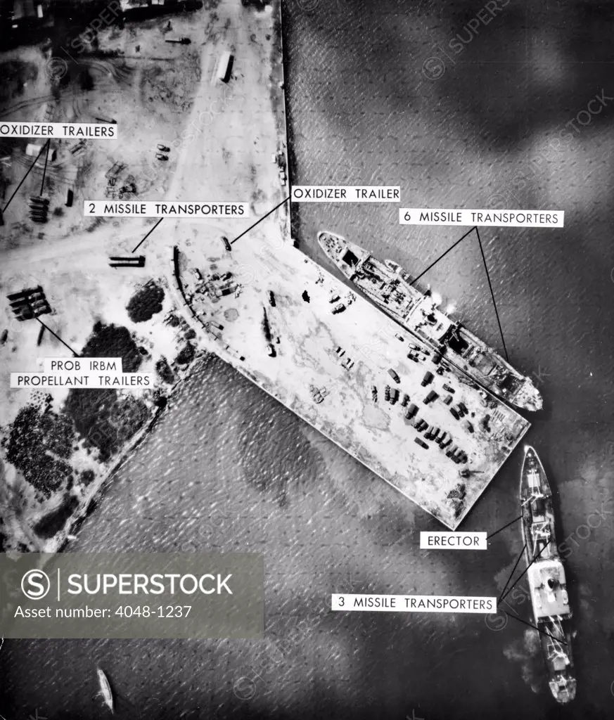 Cuban Missile Crisis: U.S. reconnaissance photo of Soviet missile site at Mariel Naval Port, Cuba, November 8, 1962