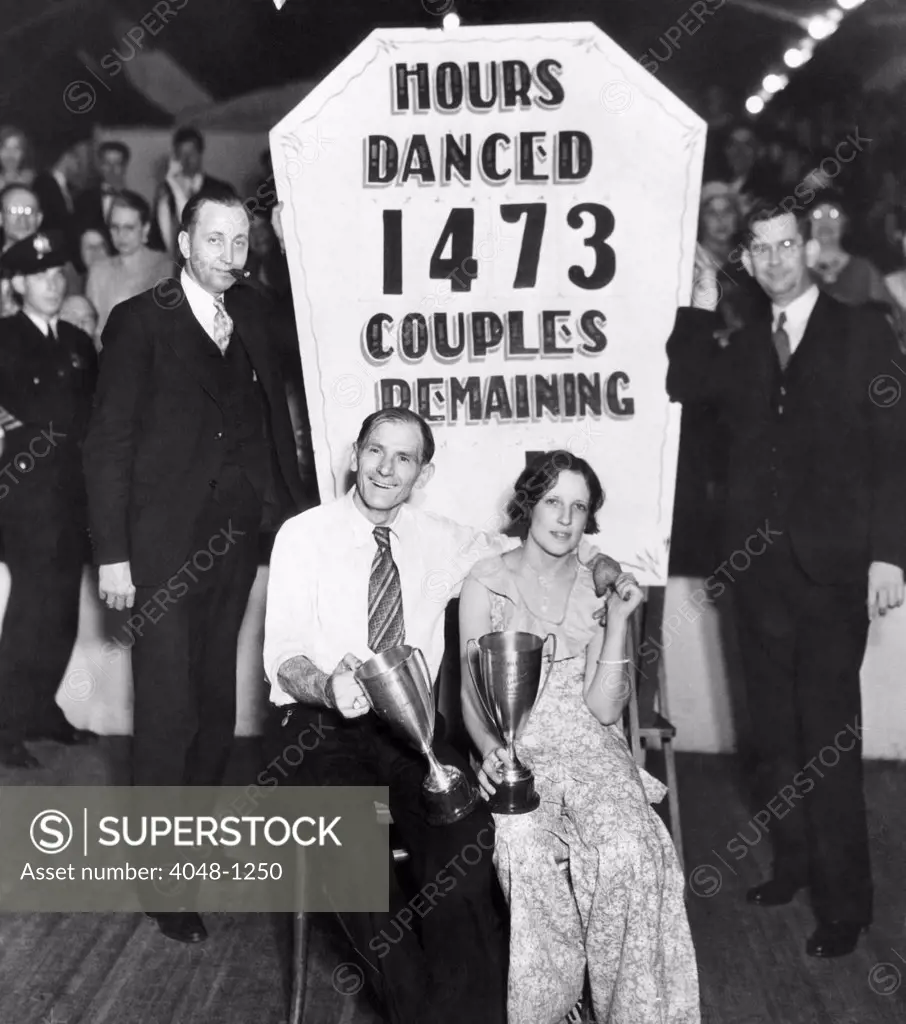 56-year-old Frank Miller and 22-year-old Ruth Smith win a dance marathon in Atlantic City. They danced for more than 61 days, 1931