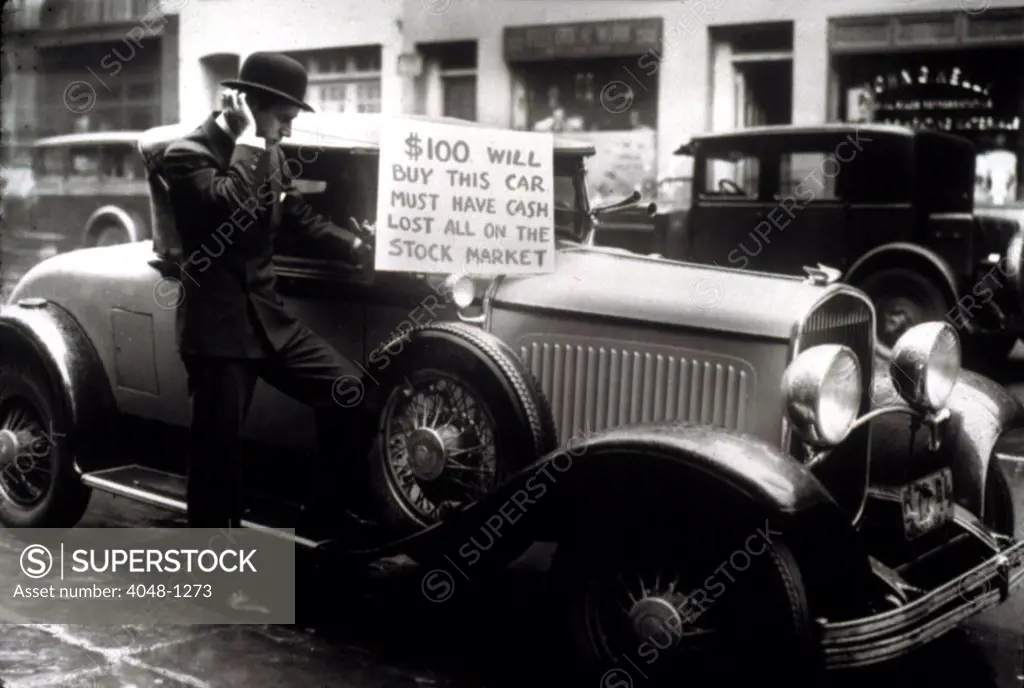 Man trying to sell his expensive car for $100 after being wiped out in the Stock Market Crash, 1929.