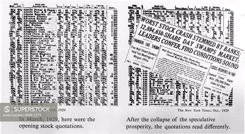 The opening stock quotations on the left--how the quotations read after the collapse, on right. March 1929