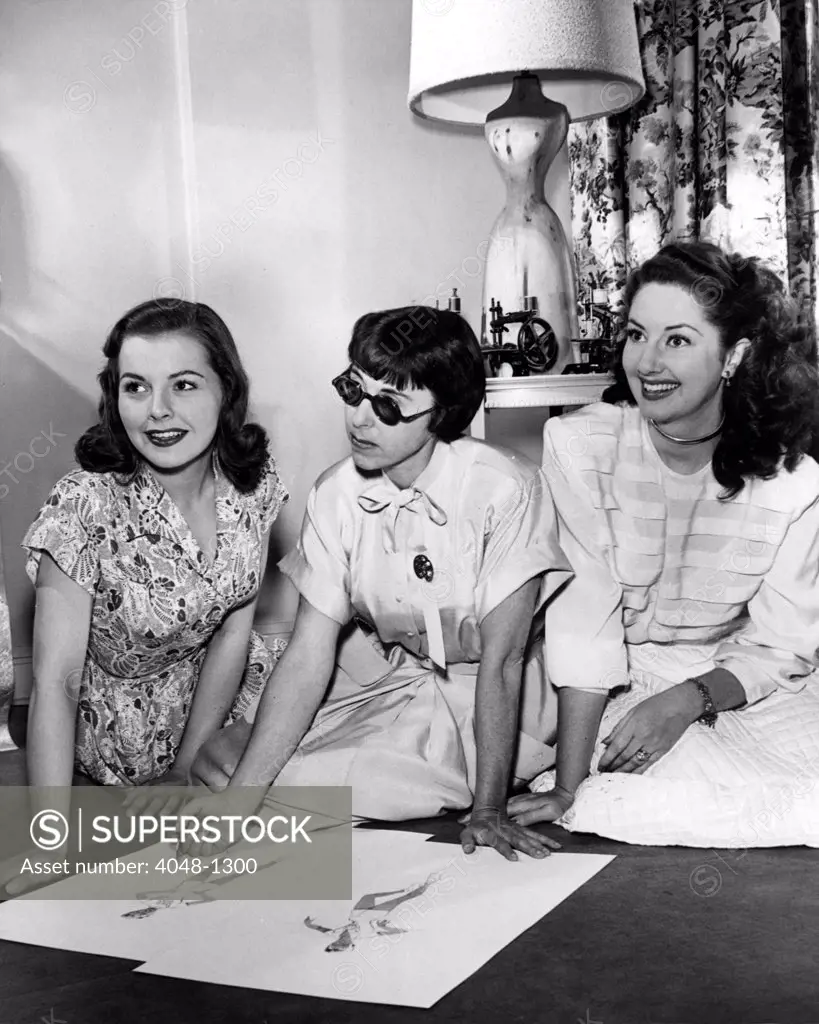 EDITH HEAD (center), with actresses Laura Elliot (l) and Virginia O'Brien (r), in the late 1940's.