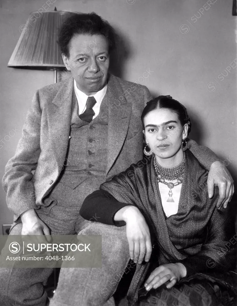Photo shows Diego Rivera and his wife Frida Kahlo in their apartment in the Barbizon Plaza Hotel in New York, the day after his dismissal from painting the Rockefeller Center mural. 5/10/33.