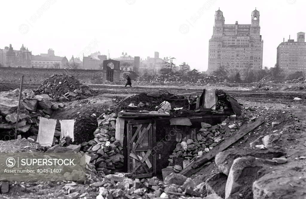 Great Depression, Shantytown on the site of the old Central Park Reservoir, New York City, N.Y., December 1931