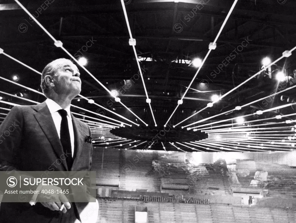Jack Kent Cooke in the Forum sports arena he built for the Los Angeles Lakers and the Los Angeles Kings. He owns both teams, 1967