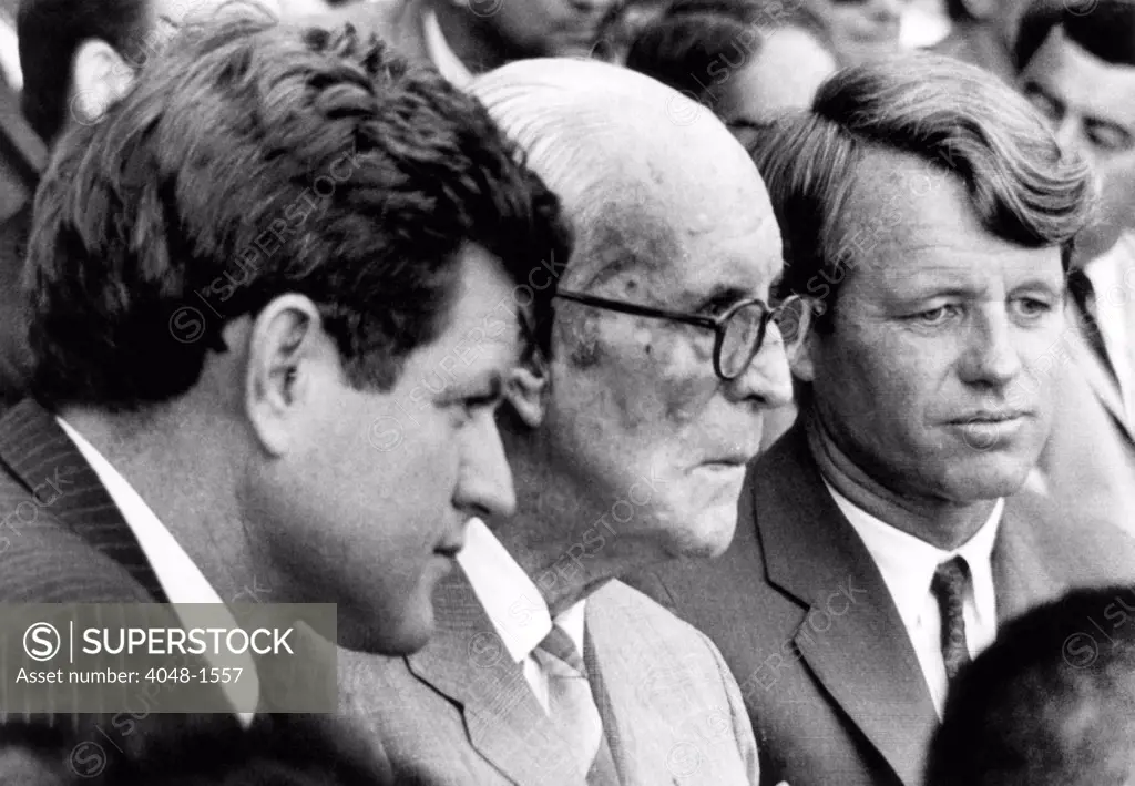 Senator Edward M. Kennedy, Joseph P. Kennedy, Senator Robert F. Kennedy, at the opening game of the 1967 World Series, October 4, 1967.