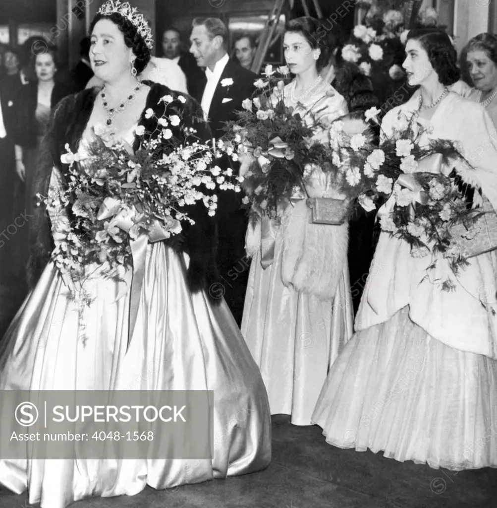 Queen Elizabeth, King George VI (back), Princess Elizabeth (the future Queen Elizabeth II), Princess Margaret Rose, at the Odeon Theater to see THE FORSYTHE SAGA, November 19, 1949, CSU Archives/Courtesy Everett Collection