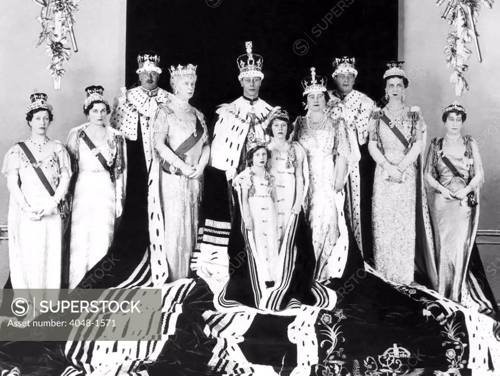 The Royal family poses for the official Coronation group picture. Back, l-r, Princess Anne Royal, Princess Alice, Prince Henry, Queen Mary, King George VI, Queen Elizabeth, Prince George, Princess Marina, Queen Maud of Norway, Front, l-r: Princess Margaret, and Princess Elizabeth (Queen Elizabeth II), May 24, 1937, CSU Archives/Courtesy Everett Collection