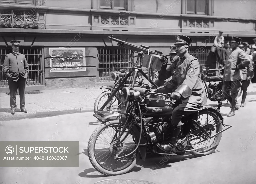 Machine gun mounted on a two man motorcycle, c. 1920 in New York City  (BSLOC_2018_1_176)