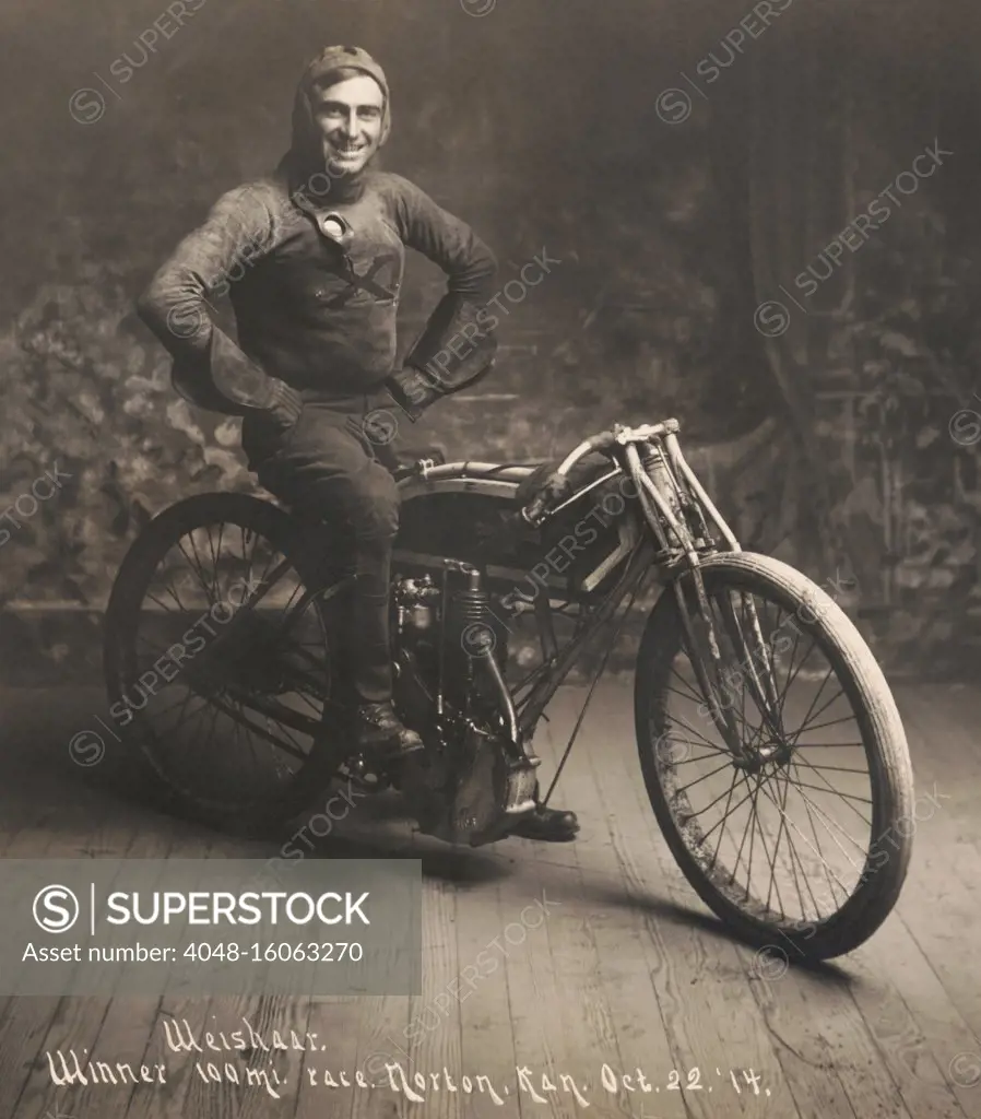 Ray Weishaar, won the 100 mile motorcycle race in Norton, Kansas, on Oct. 22, 1914. The popular racer rode Harley-Davidson motorcycles from 1910s until his death at Ascot Speedway in Los Angles, on April 13, 1924  (BSLOC_2018_2_178)