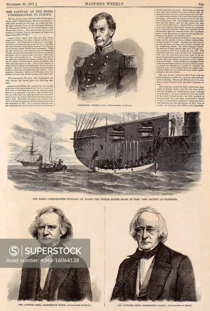 James Mason and John Slidell, landing at Fort Lafayette, New York Harbor, to be briefly imprisoned. The Confederate diplomats, were forcibly removed from the British ship RMS Trent on Nov. 8, 1861 by US Captain Charles Wilkes. With British sovereignty violated, a diplomatic crisis followed, to be resolved by President Lincoln's release of the men on Dec. 26, 1861  (BSLOC_2018_6_46)
