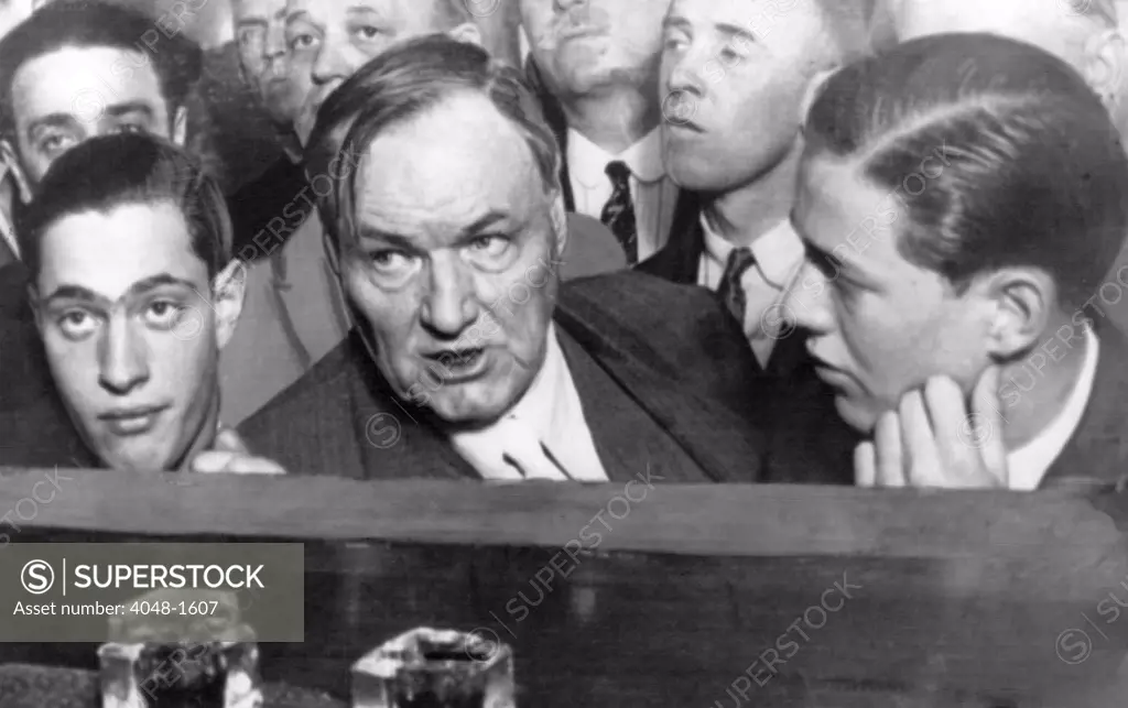 LEOPOLD AND LOEB, Nathan Leopold, Attorney Clarence Darrow, Richard Loeb during arraignment in the death of Bobby Franks, Springfield, Il, 1924.