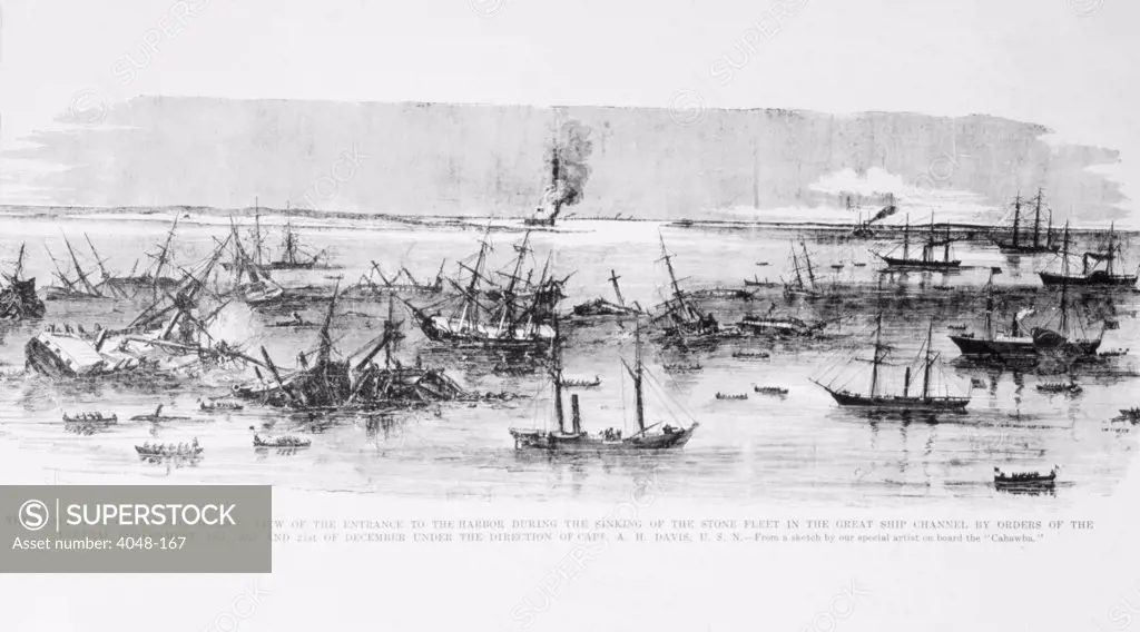 The Union sealing up of Charleston harbor entrance with the stone fleet, December 19-21, 1860, from Leslie's Weekly