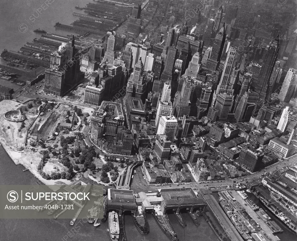 New York City, view of the financial district in downtown Manhattan, taken from a blimp flying at 1500 ft.above the city, 6/30/1947. CSU Archives/Everett Collection