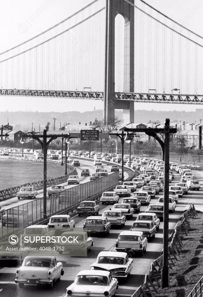 An opening day traffic jam on the Verrazano-Narrows Bridge, connecting Brooklyn to Staten Island, New York, November 22, 1964