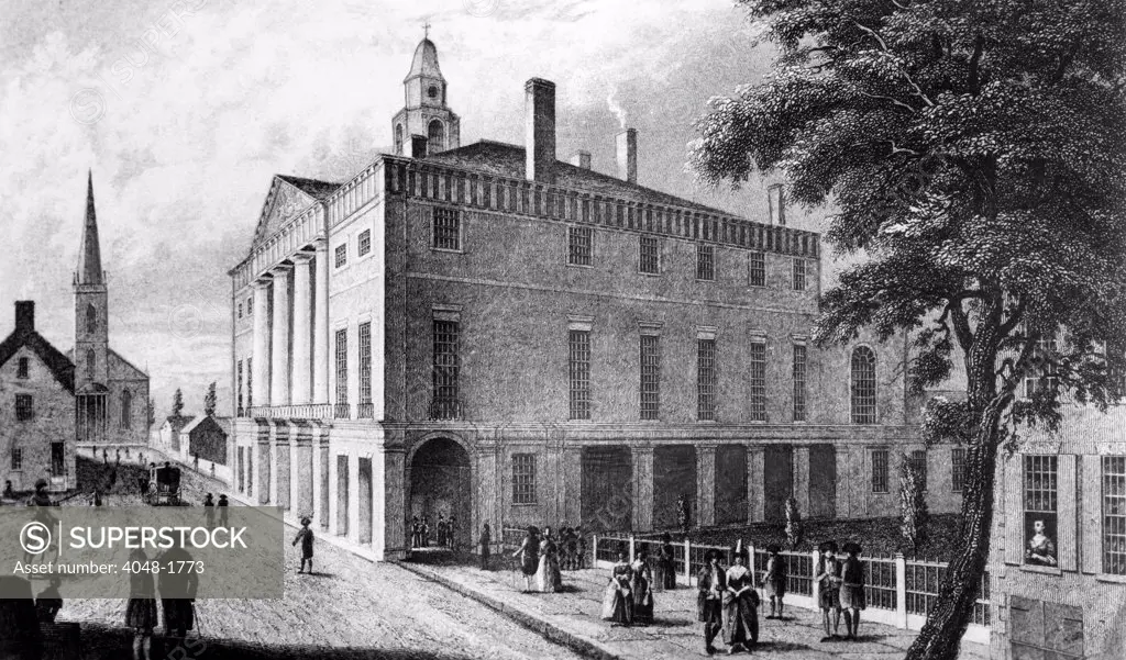 The first Federal Hall, at 26 Wall Street, circa 1700s