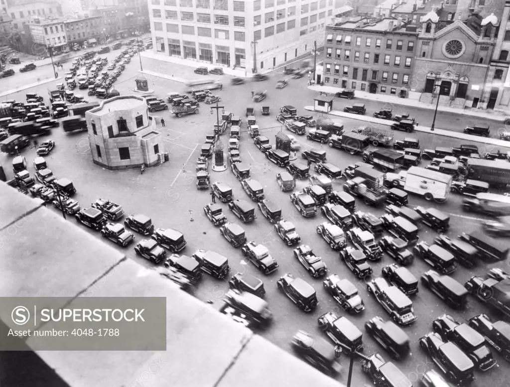 A Traffic jam at the New York entrance of the Holland Tunnel. New York City, circa 1920s