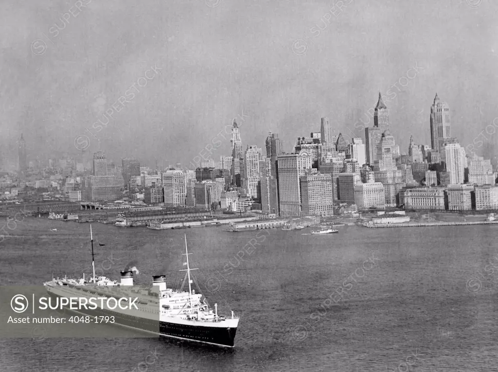 The S.S. Rex, and the New York City skyline, circa, 1939