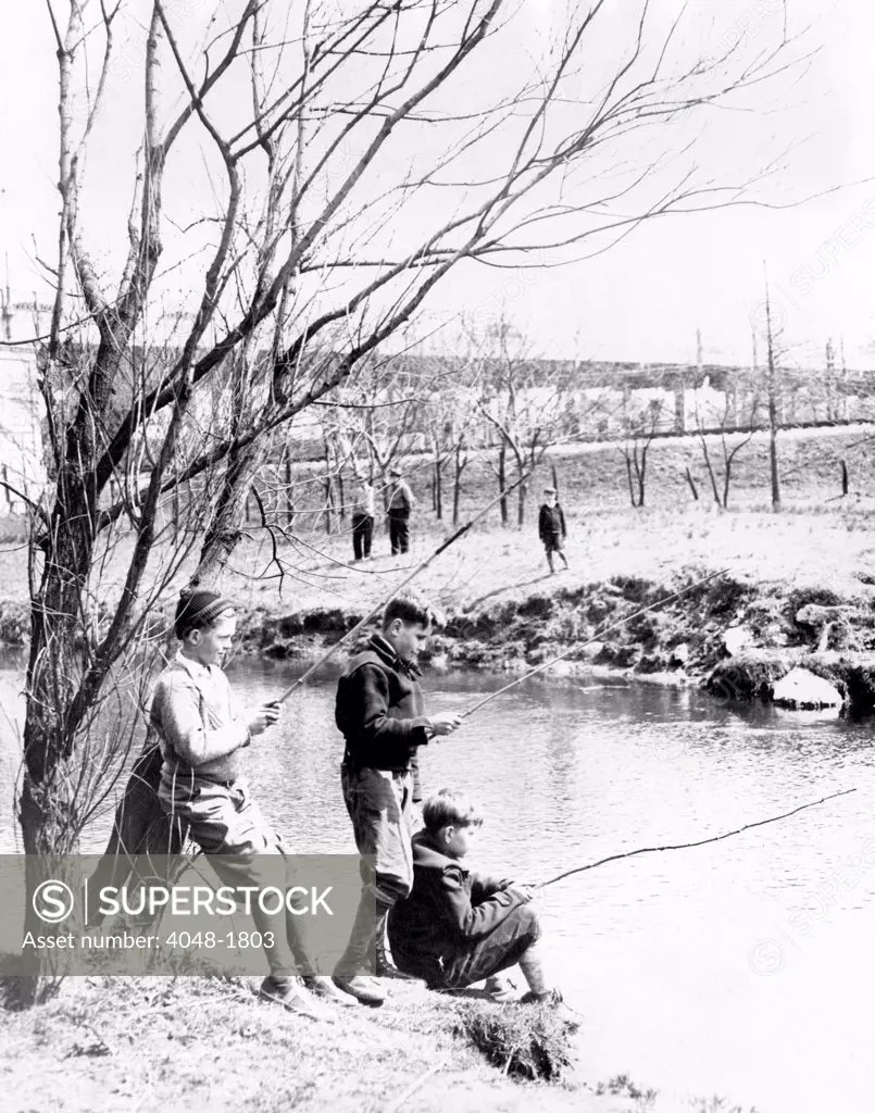 Fishing in the Bronx River,  New York City, April, 1935