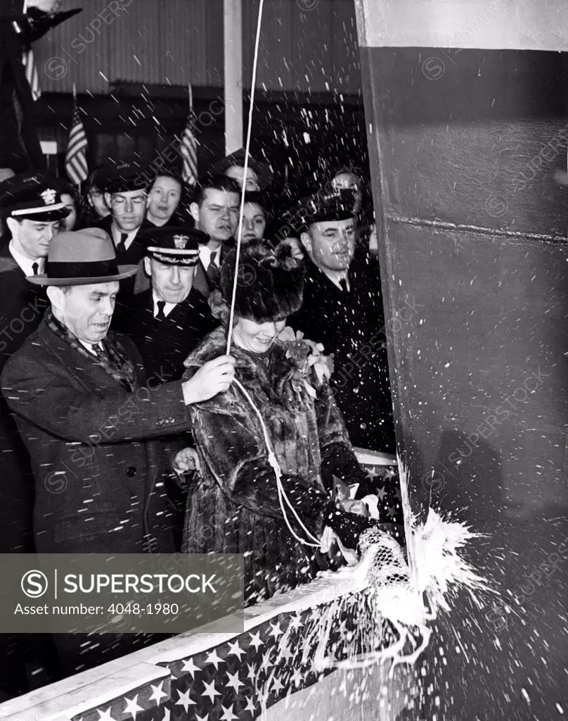 Destroyer USS Farenholt launched with champagne in Staten I.,NY, 11-19-41.