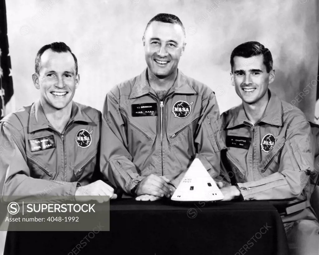 The crew of the first manned Apollo space flight, all of whom were killed in a fire at Cape Canaveral. L-R: Edward H. White II, Virgil I. Grissom, Roger B. Chaffee, 1967.