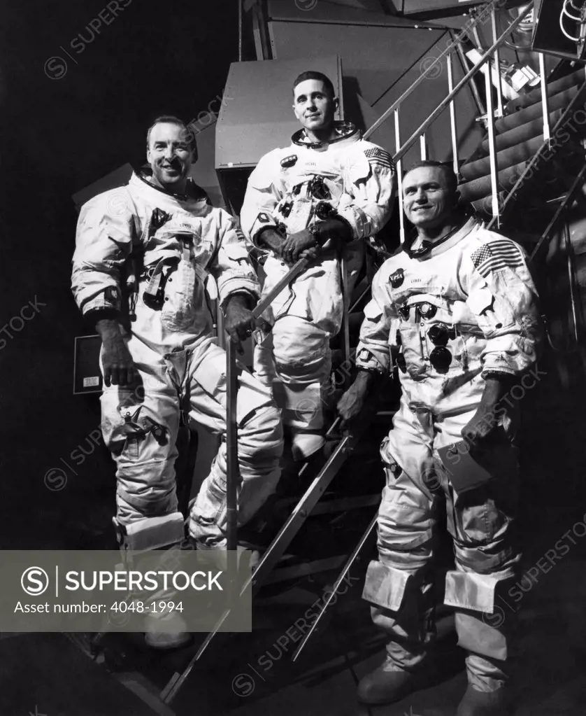 The crew for the Apollo 8 spacecraft L-R: James A. Lovell Jr., William A. Anders, Frank Borman, 1968.