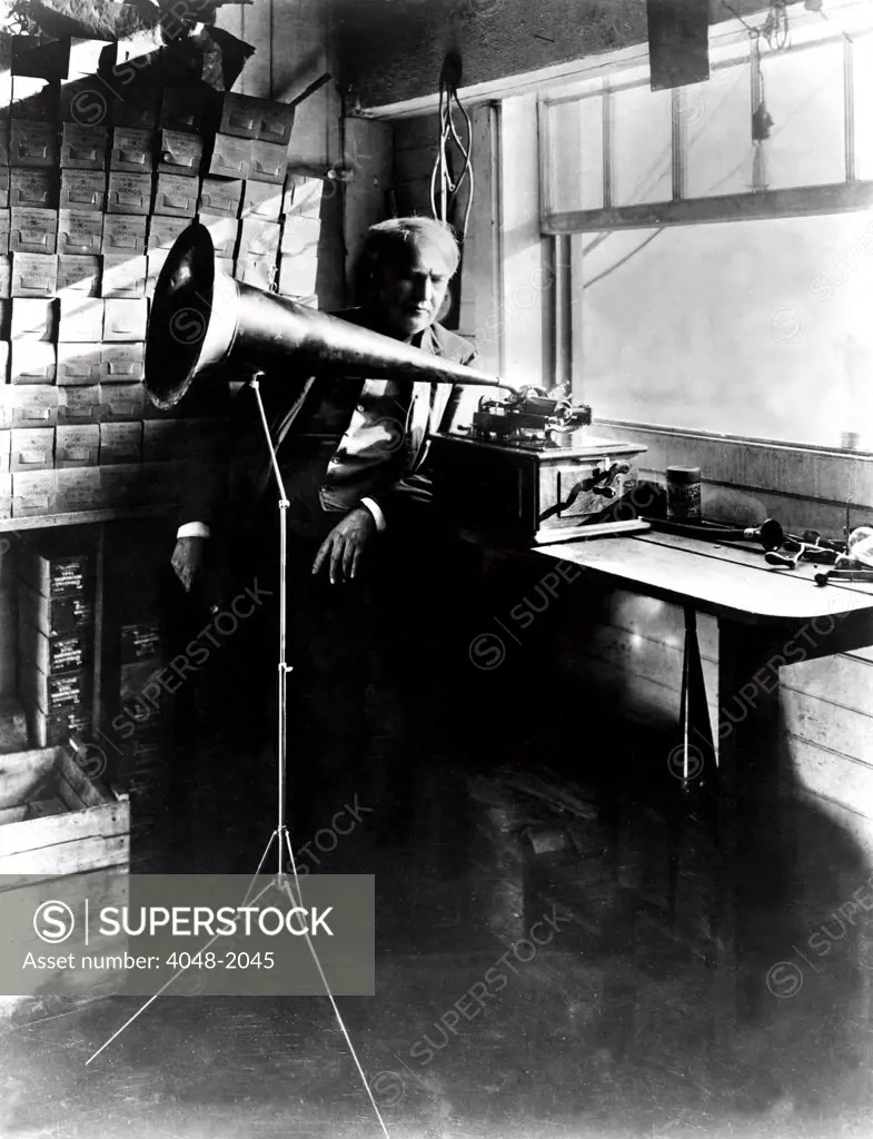 Thomas Edison with his new invention, the phonograph. Undated photo.