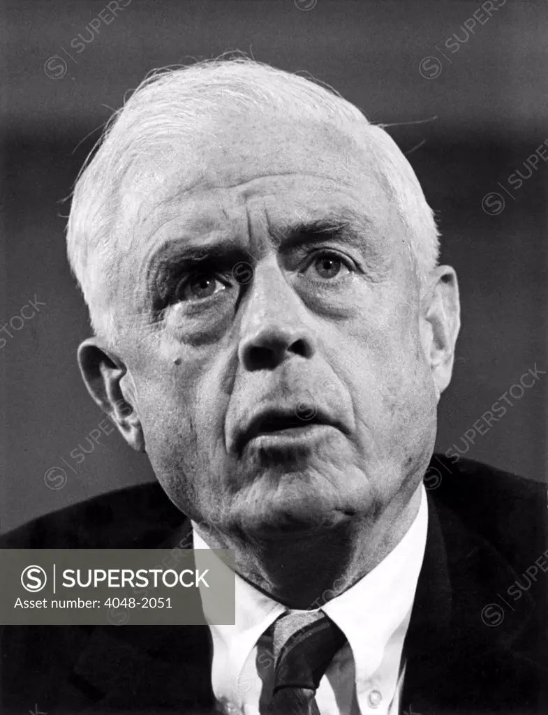 WASHINGTON: Thomas J. Watson, Jr., chairman of IBM, testifies before the Senate Foreign Relations Committee that the Vietnam War is a major factor which has turned our healthy economy into an unhealthy one. 6/5/70.