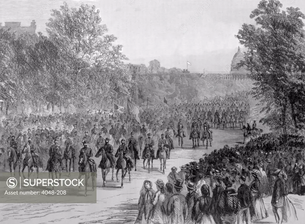 The Grand Review, General Philip Sheridan's cavalry marching down Pennsylvania Avenue in Washington D.C., May 23, 1865, from Harper's Weekly