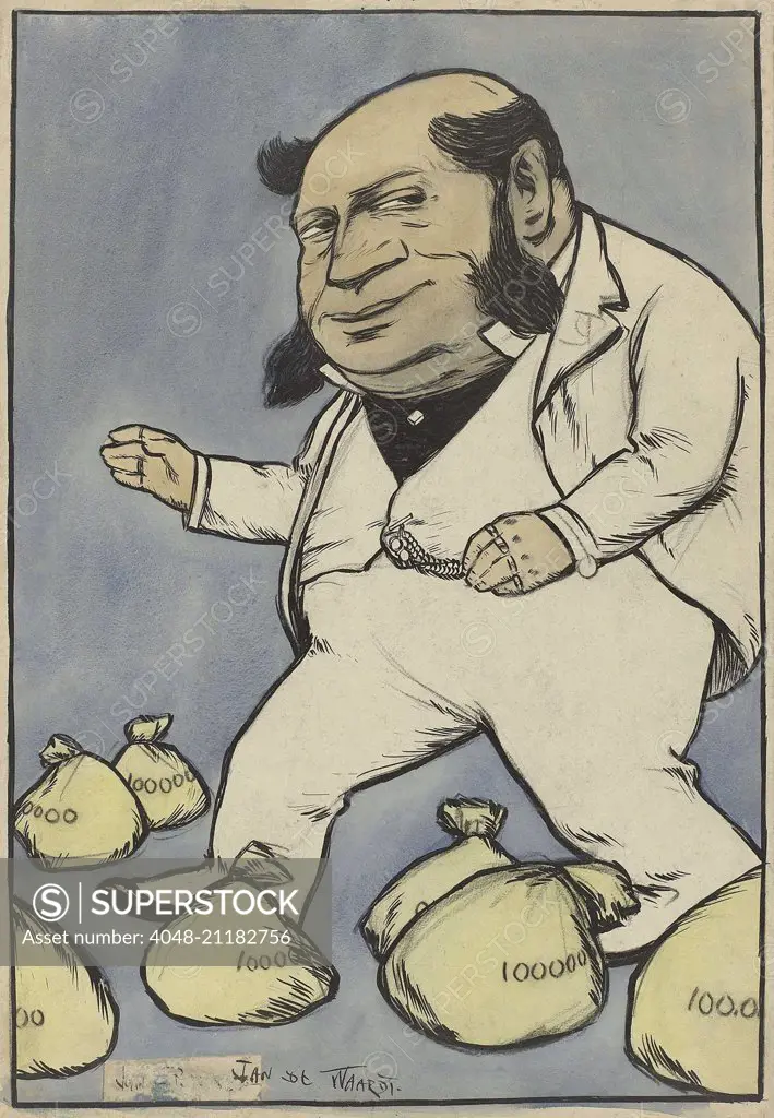Capitalist, by Jan de Waardt, 1880-99, Dutch watercolor painting, pen & ink drawing. Caricature of a capitalist with a thick, large head, and rings on the fingers. He stands with money bags at his feet (BSLOC_2016_2_103)