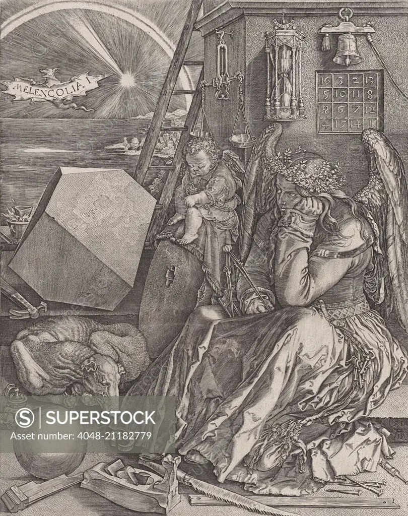 Melancholy, by Johannes Wierix after Durer, 1602, Netherlandish print. Copied from Durer's original of 1514. The allegorical figure of the melancholic temperament as a pensive winged female figure. (BSLOC_2016_2_123)