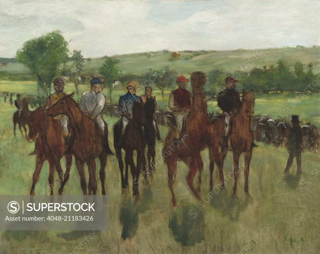 The Riders, by Edgar Degas, 1885, French impressionist painting, oil on canvas. Degas captured a passing moment with the movement of the horses and the colors of the jockeys' uniforms (BSLOC_2016_5_157)