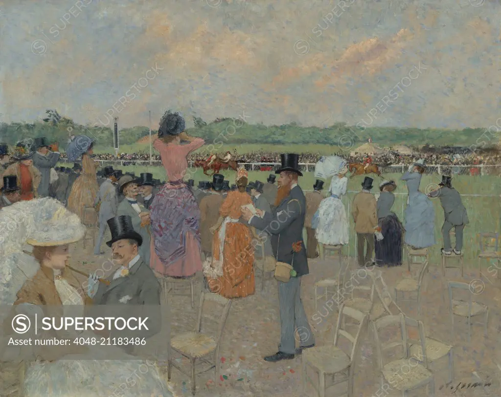 The Races at Longchamp, by Jean-Louis Forain, 1891, French impressionist painting, oil on canvas. Forain was a protégé of Degas who painted Parisian modern pastimes of the racetrack, the ballet, the theater, and cafes (BSLOC_2016_5_212)