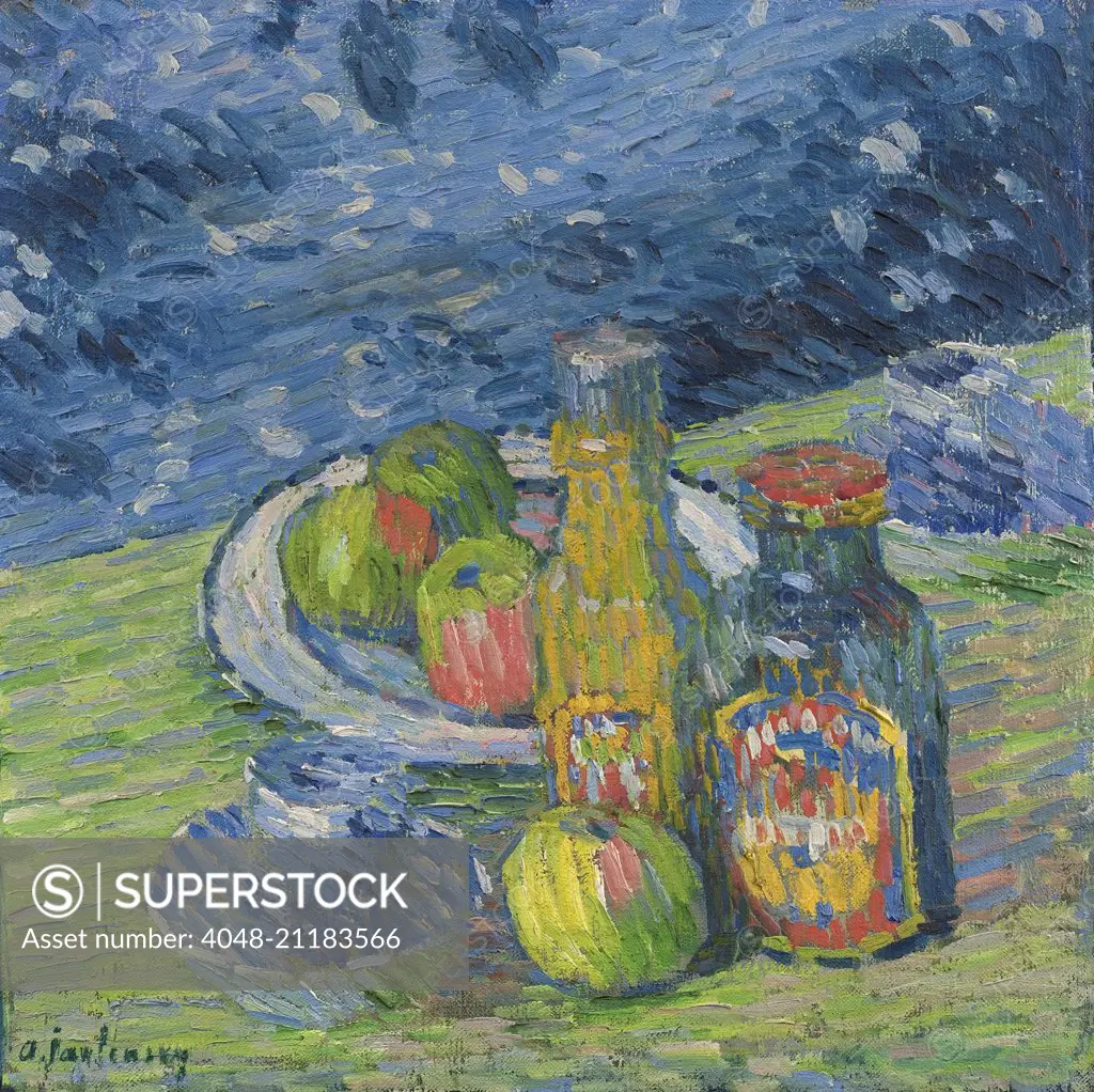 Still Life with Bottles and Fruit, by Alexej von Jawlensky, 1900, Russian painting, oil on canvas. This still life is painted with imagined saturated greens and blues and impressionist-like small brushstrokes, evoking the Post-Impressionists. He was a mem (BSLOC_2016_5_297)