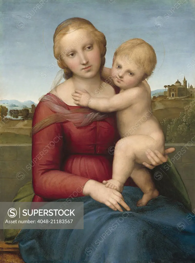 The Small Cowper Madonna, by Raphael, c. 1505, Italian Renaissance painting, oil on panel. Raphael painted this classic Renaissance Madonna and Child in Florence. The figures' interlocked pose shows the influence of Leonardo Da Vinci (BSLOC_2016_5_3)