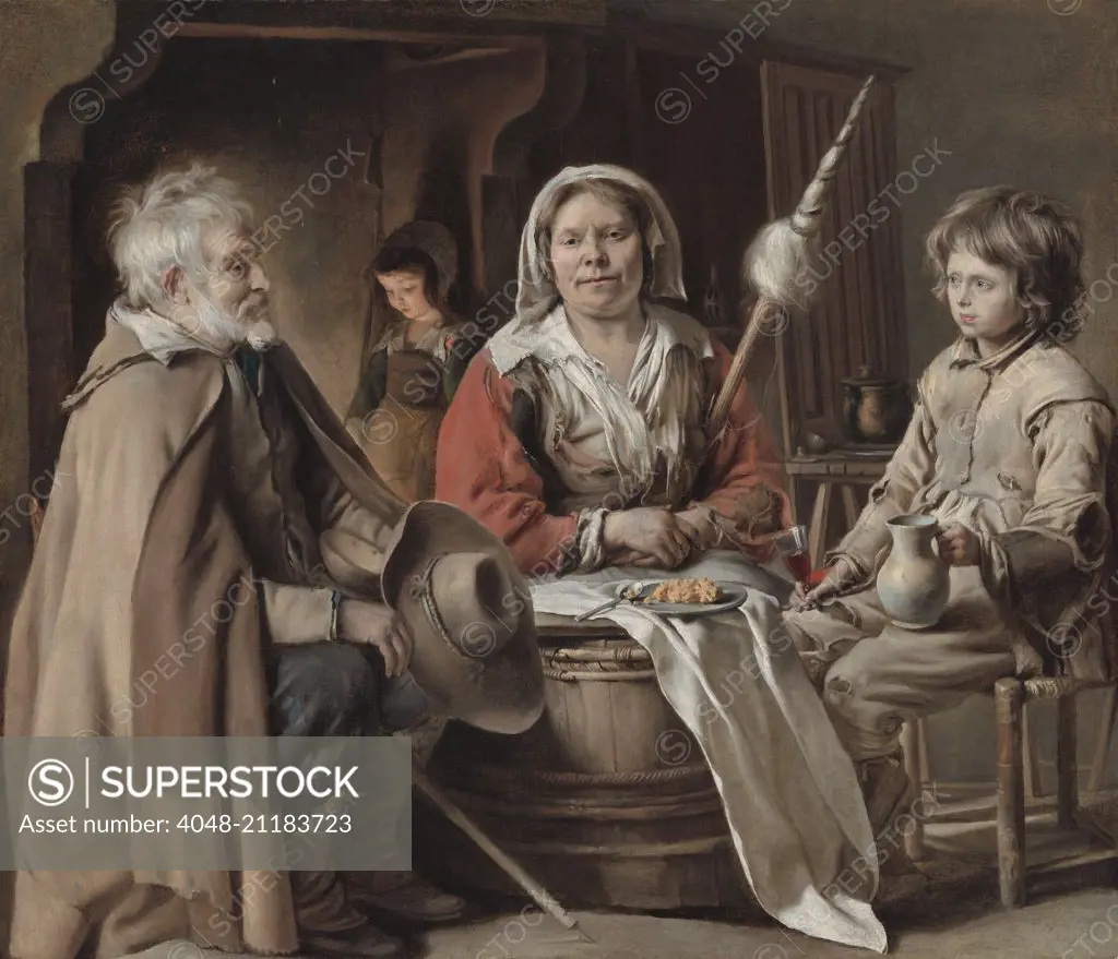 Peasant Interior, by Louis Le Nain, 1645, French painting, oil on canvas. Louis was one of the three Le Nain artists and brothers, born near Laon, Picardy. This realist peasant group sits around a barrel that serves as a table for their meager meal (BSLOC_2016_6_176)