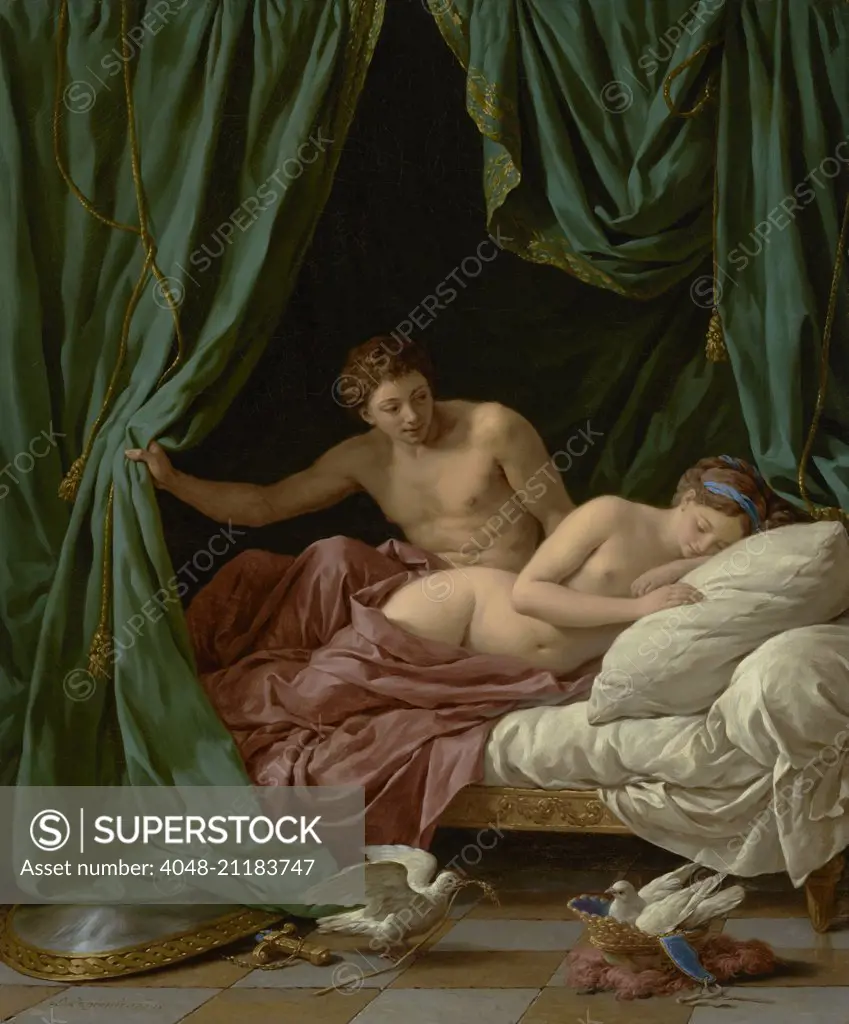 Mars and Venus, Allegory of Peace, by Louis Jean Francois Lagrenee, 1770, French painting, oil on canvas. Allegory of peace, in which Mars, the Roman god of War, gazes lovingly at the sleeping Venus, the goddess of love. His shield and sword lie abandoned (BSLOC_2016_6_204)