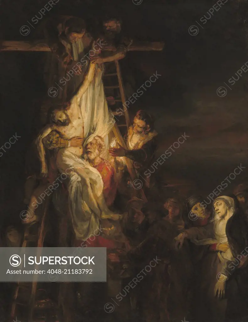The Descent from the Cross, by workshop of Rembrandt van Rijn, 1650-52, Dutch painting, oil on canvas. Probably painted by Constantijn van Renesse (BSLOC_2016_6_236)