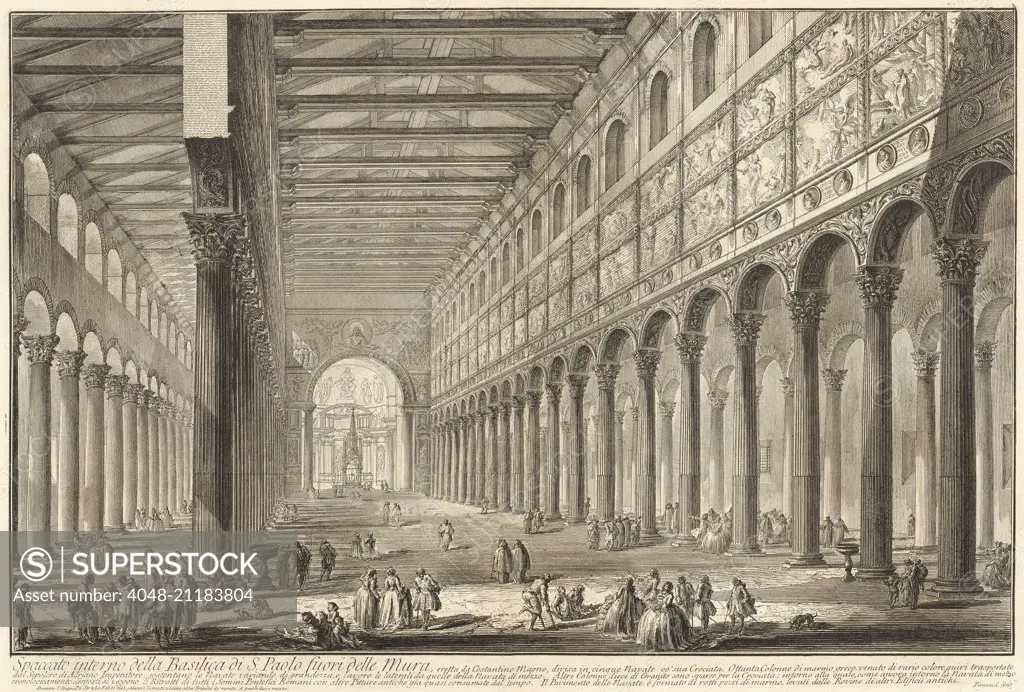 Internal cross-section of St. Paul Outside the Walls, by Giovanni Battista Piranesi, 1748-49, Italian print, engraving. Construction of this Early Christian basilica, began in Rome in 386 at the site of St. Paul's martyrdom. It was almost totally destroye (BSLOC_2016_6_246)