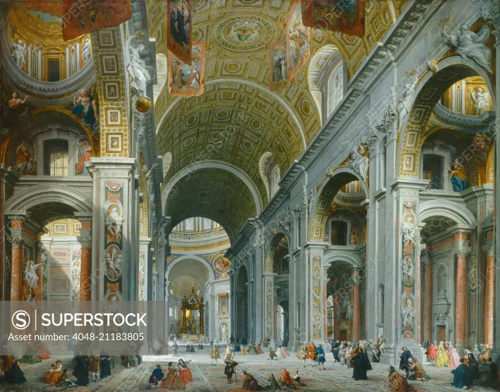 Interior of Paint Peter's, Rome, by Giovanni Paolo Panini, 1754, Italian painting, oil on canvas. Panini painted at least six version of the Interior of Paint Peter's. His works of Roman monuments were popular with aristocratic Europeans on their 'Grand T (BSLOC_2016_6_248)
