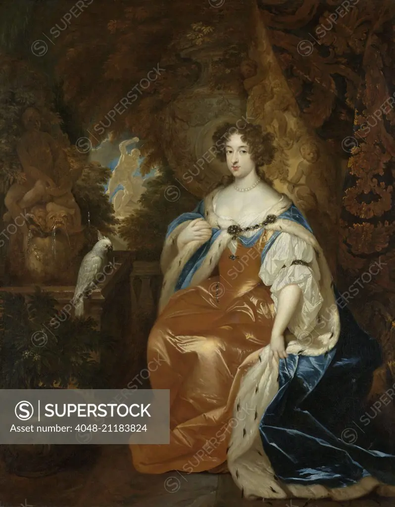 Portrait of Mary Stuart (1662-95), Wife of Prince William III, by Caspar Netscher, c. 1680-84, Dutch painting, oil on canvas. The future Queen of England, in role robes as Princess of Orange and Countess of Nassau. In 1689, the Glorious Revolution placed (BSLOC_2016_6_266)