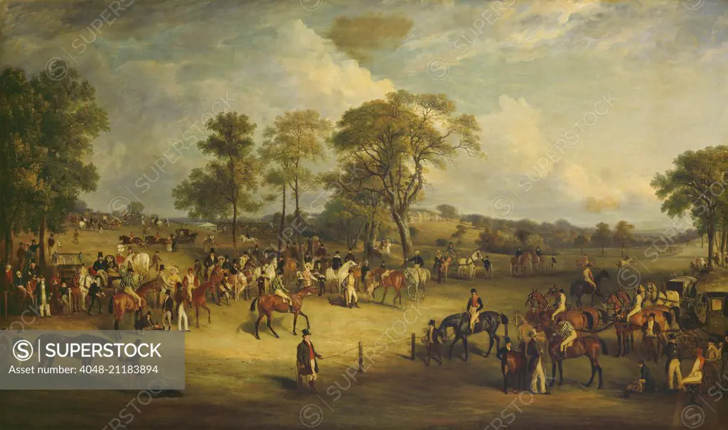 Heaton Park Races, 1829, by John Ferneley, British painting, oil on canvas. Genre painting of a horse racing event with great detail of the horses, immaculately dressed riders, and spectators in a rural British landscape (BSLOC_2016_6_323)