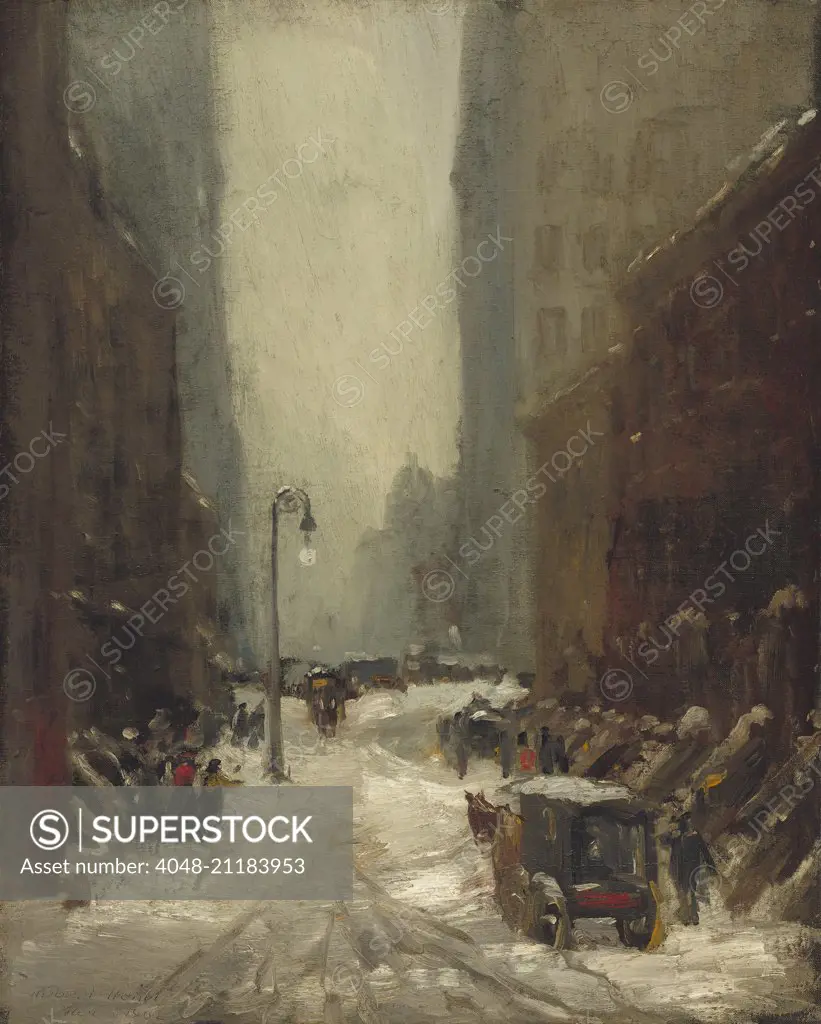 Snow in New York, by Robert Henri, 1902, American painting, oil on canvas. Brownstone apartments and office buildings during a snow storm on March 5, 1902. Already the snow in the street is becoming gray slush under horse cart wheels (BSLOC_2016_6_75)
