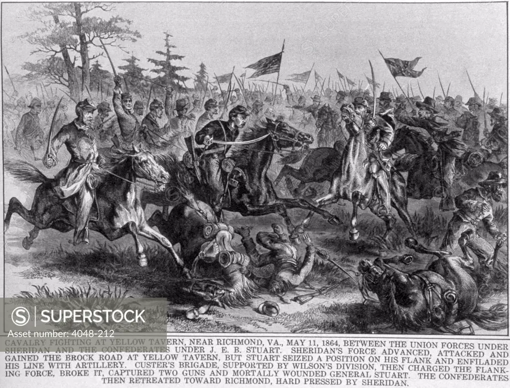 The Battle of Yellow Tavern, fought between Union cavalry forces under General Philip Sheridan and Confederates under General J.E.B. Stuart, May 11, 1864, from The New York Times