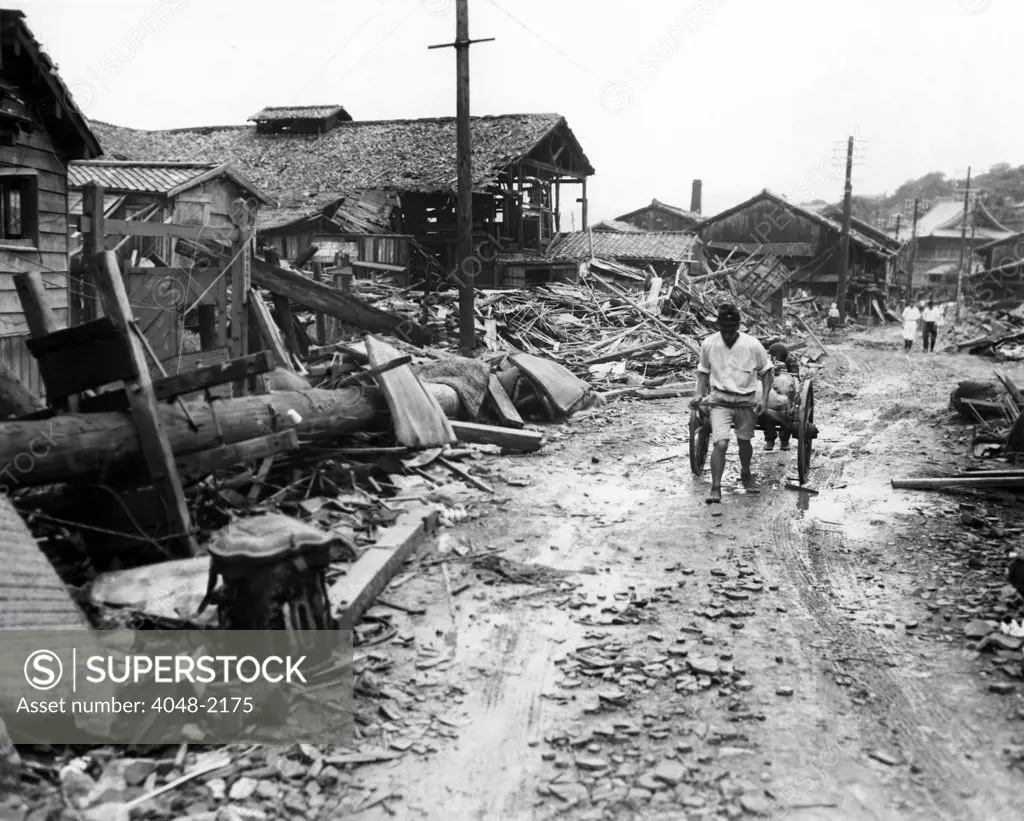 World War II, Atomic bombing aftermath in suburb four miles outside of center of Nagasaki, Japan, September 13, 1945