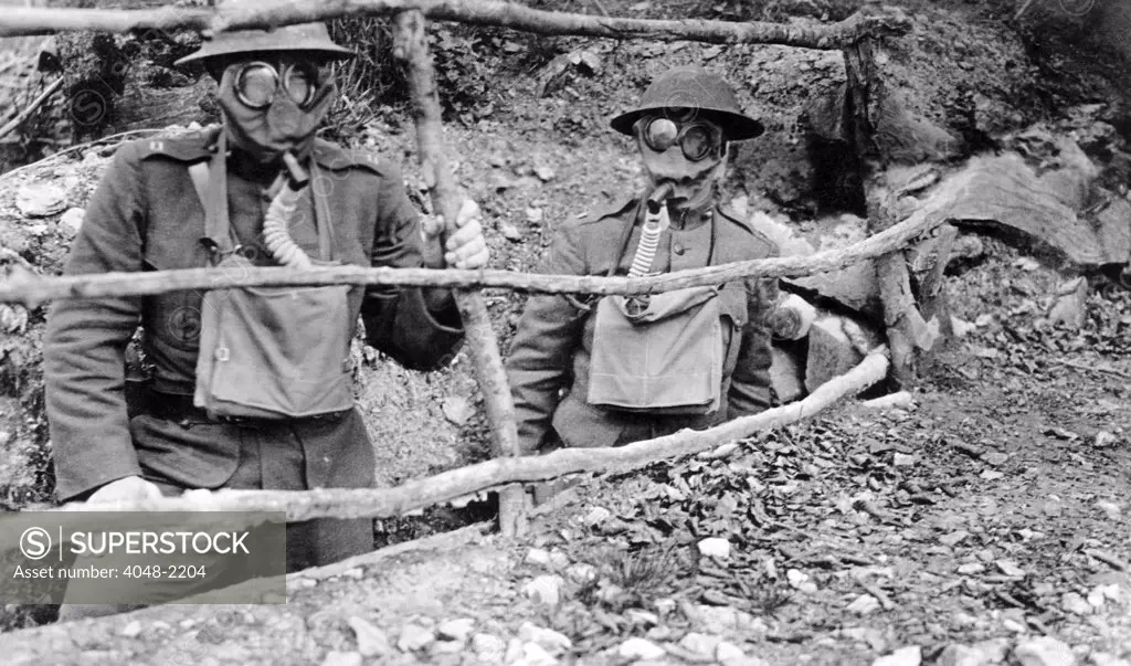 World War I: Soldiers wearing gas masks, 1918.