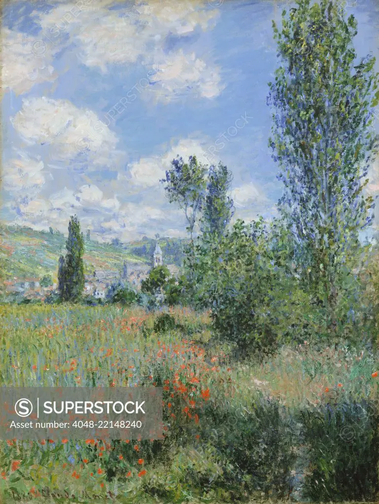 View of Vetheuil, by Claude Monet, 1880, French impressionist painting, oil on canvas. A footpath starts at lower right and disappears into the poppy field. In distance is the church tower at Vetheuil, a village northwest of Paris (BSLOC_2017_3_32)